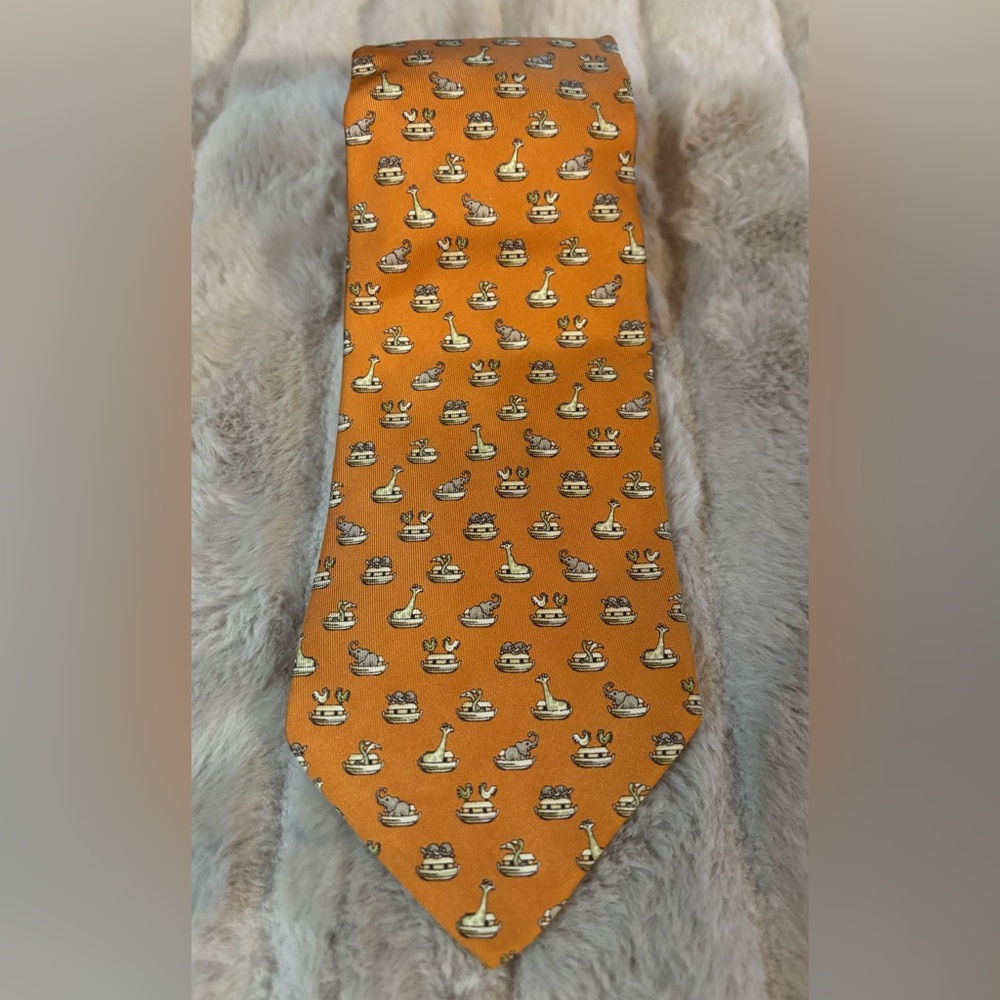Salvatore Ferragamo Orange Tie with Cat Pattern